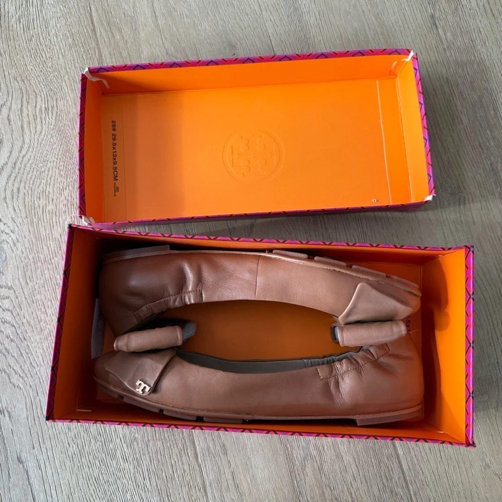 Tory Burch Royal Tan Nappa Leather Divine Bow Driver Ballet Flats